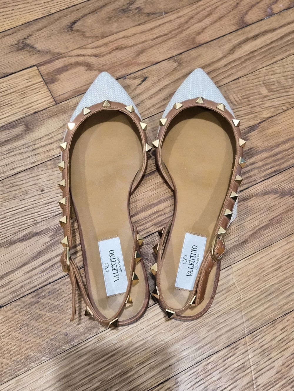 Valentino Garavani Rockstud Raffia Slingback Flats Nude Tan Leather NIB Sz 36 - Picture 6 of 16